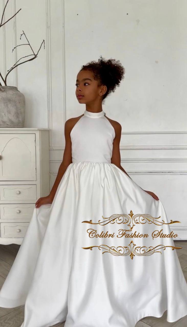 Satin girl dress floor length, Flower girl dress ivory, Junior bridesmaid dress wedding, Halter neckline toddler girl dress birthday