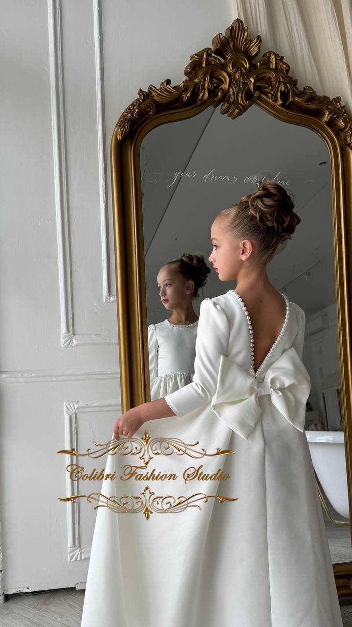 Ivory flower girl dress, Girl dress satin, Flower girl dresses, Long sleeve girl dress, Flower girl dress with train, Baptism satin dress