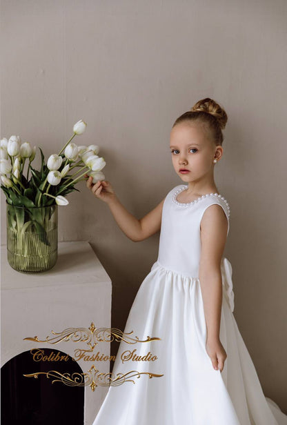 Baby satin girl dress, Little flower girl dress ivory, Girl dress with train, Junior bridesmaid gown, Ball gown