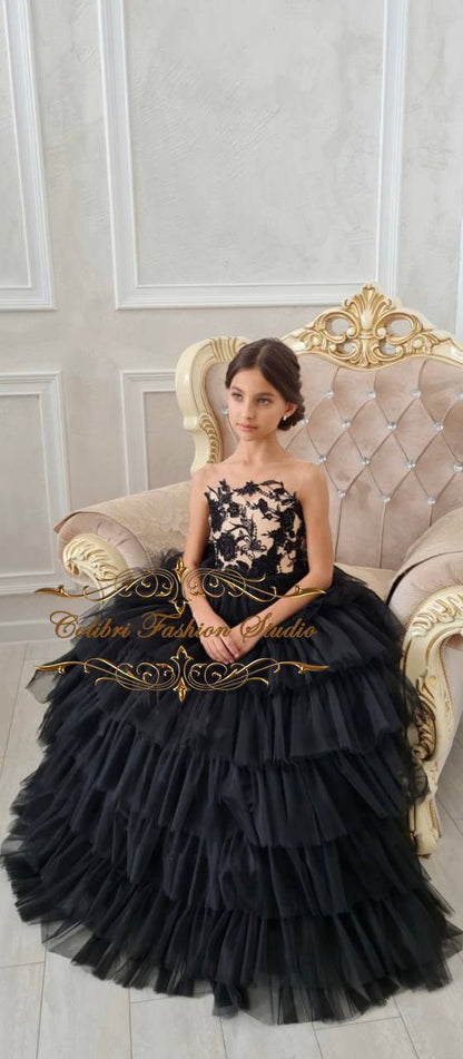 Black birthday party girl dress, Sleeveless girl dress floor length, Tutu flower girl dress, Photoshoot baby girl dress