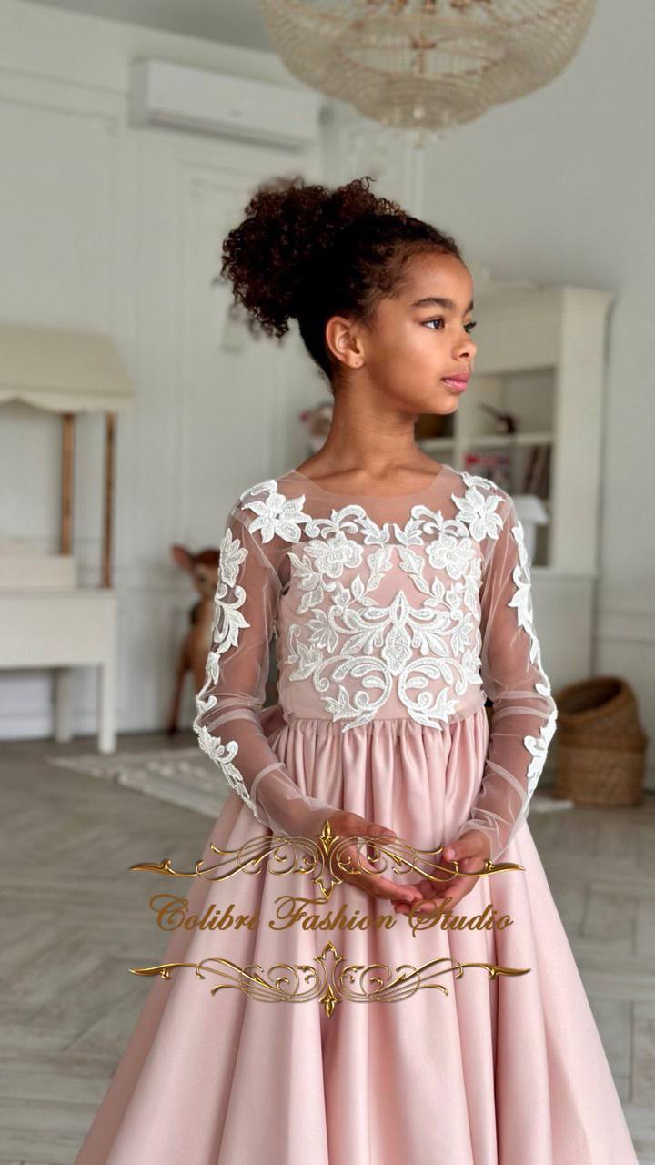 Flower girl dress satin skirt, Lace girl dress baby girl, First communion dress flower lace embroidered, Nude birthday girl dress with train