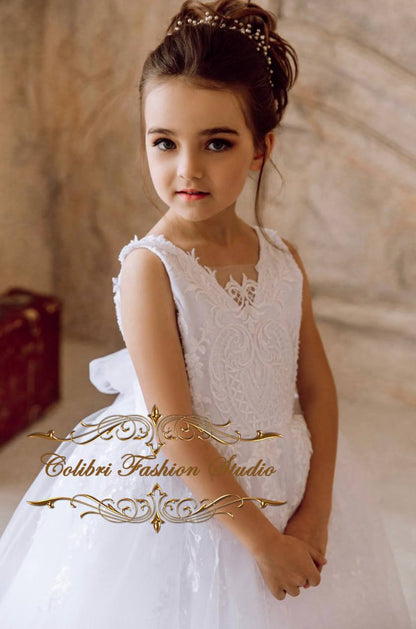 First communion dress ivory, Baby girl flower girl dress lace, Tulle floor length girl dress, Junior bridesmaid girl dress