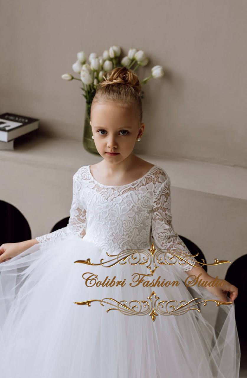 First communion girl dress, Boho wedding flower girl dress, Ivory girl dress, Baptism girl dress, Long sleeves girl dress white, Tulle pageant dress