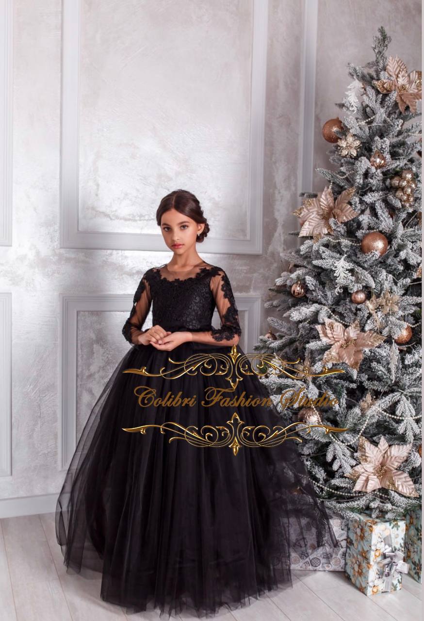 Baptism girl dress black Long sleeves girl dress lace Tulle flower girl dress First communion girl dress with train Toddler dress Pageant girl dress Ball gown