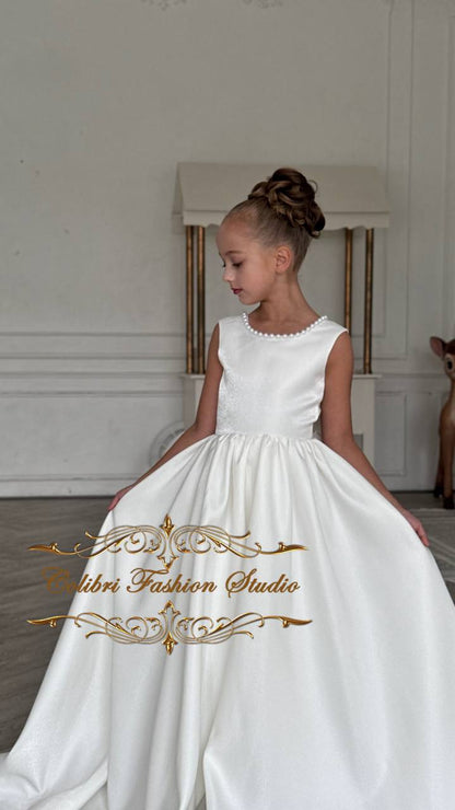 Baby satin girl dress, Little flower girl dress ivory, Girl dress with train, Junior bridesmaid gown, Ball gown