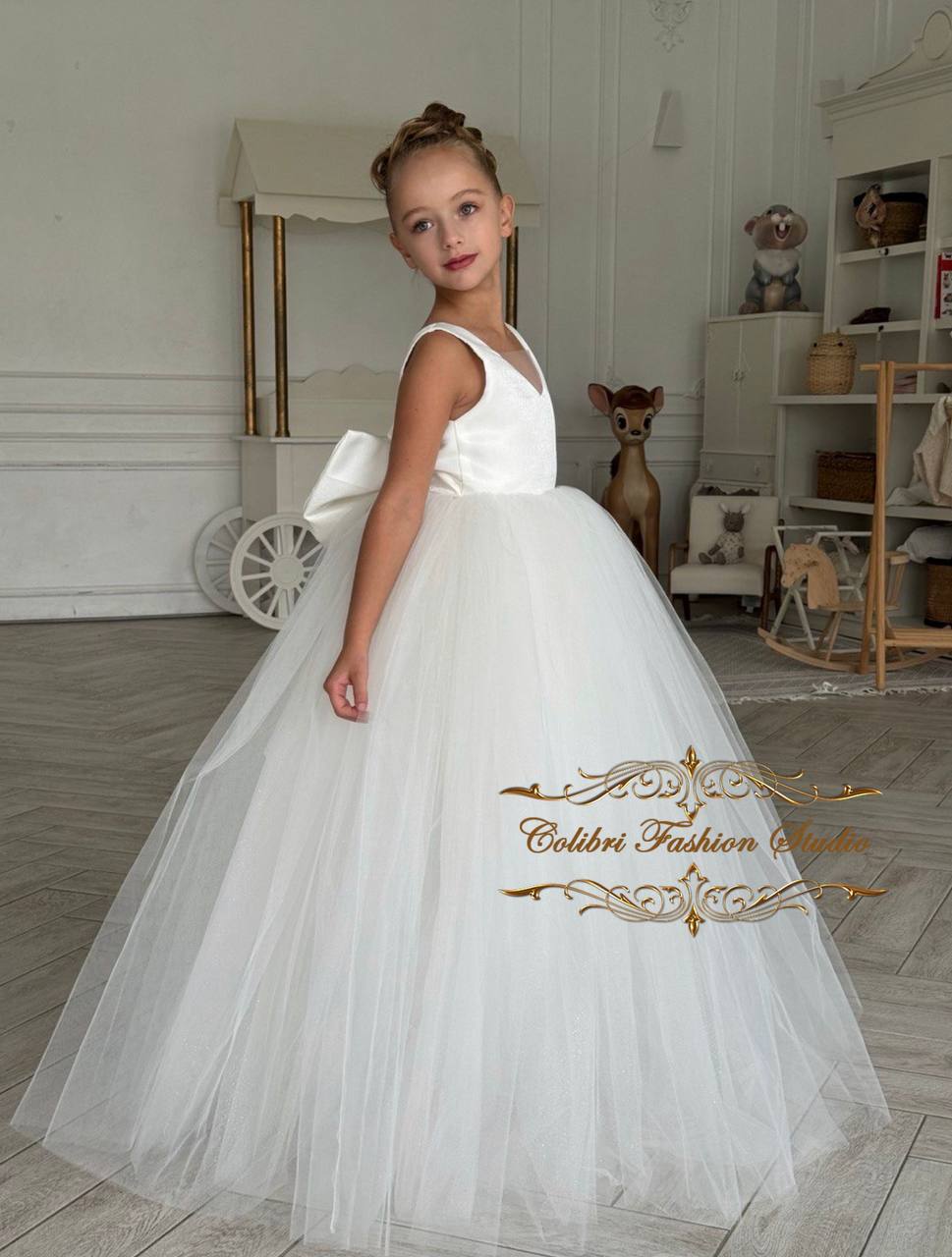 Ivory Flower Girl Dress, Rhinestone Flower Girl Dresses, Satin Tulle Flower Girl and Communion Dresses. Custom and plus sizes store dress.