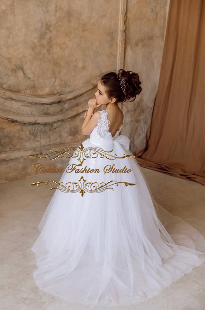 First communion dress ivory, Baby girl flower girl dress lace, Tulle floor length girl dress, Junior bridesmaid girl dress