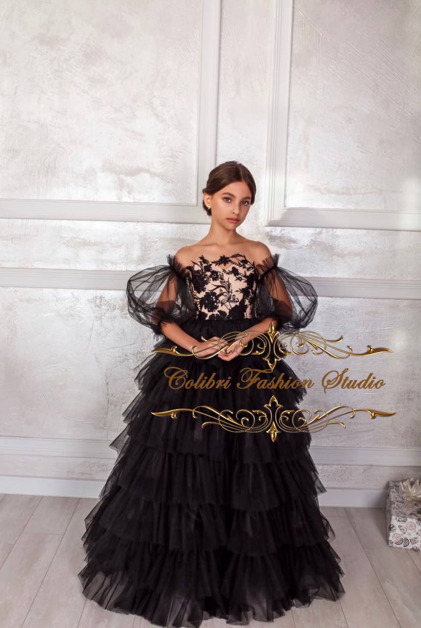 Black birthday party girl dress, Sleeveless girl dress floor length, T Colibri Fashion Studio Black birthday party girl dress, Sleeveless girl dress floor length, T Colibri Fashion Studio