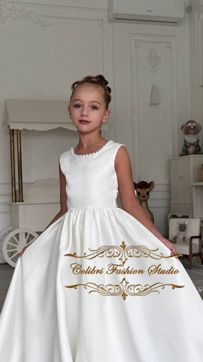 Baby satin girl dress, Little flower girl dress ivory, Girl dress with train, Junior bridesmaid gown, Ball gown