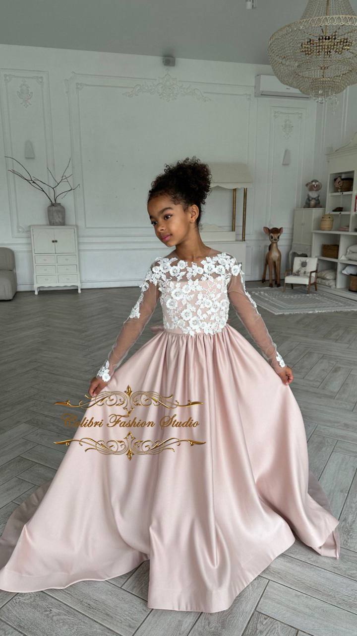 Flower girl dress satin skirt, Lace girl dress baby girl, First communion dress flower lace embroidered, Nude birthday girl dress with train