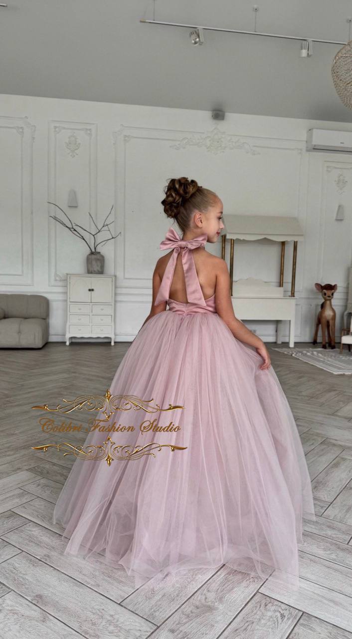 Dusty rose baby girl dress with removable train, Tulle flower girl dress maxi, Halter neckline flower girl dress, Toddler girl birthday girl dress