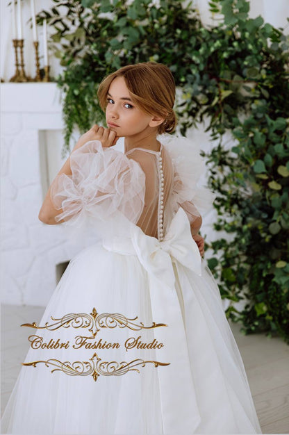 Ivory satin puffy flower girl dress Simple tulle toddler flower dresses First communion Princess dress Ivory satin puffy flower girl dress Simple tulle toddler flower dresses First communion Princess dress