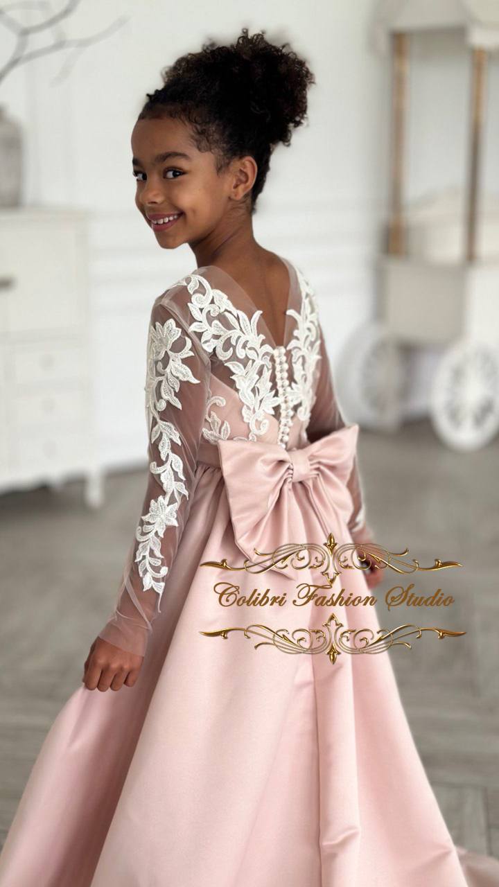 Flower girl dress satin skirt, Lace girl dress baby girl, First communion dress flower lace embroidered, Nude birthday girl dress with train