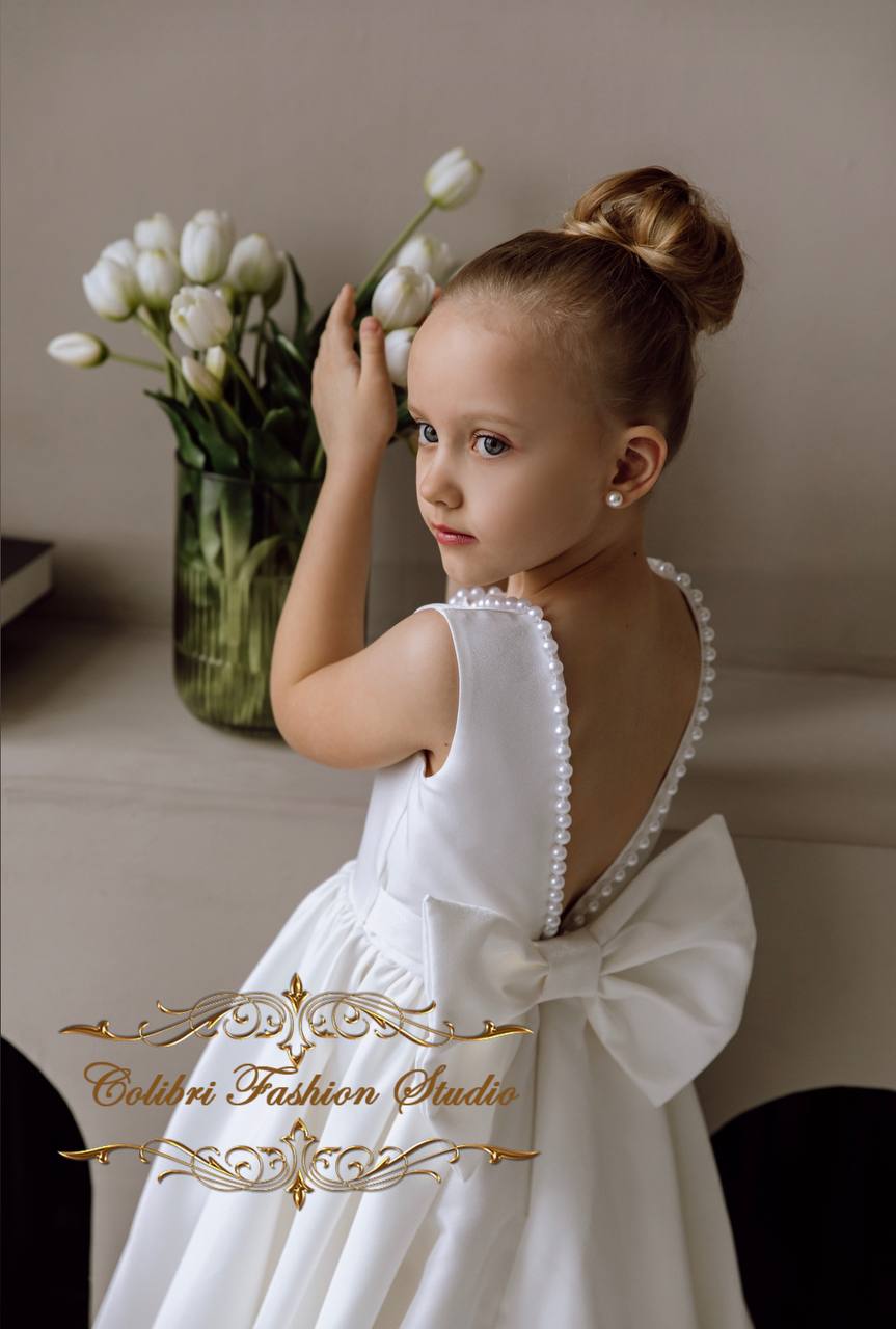 Baby satin girl dress, Little flower girl dress ivory, Girl dress with train, Junior bridesmaid gown, Ball gown