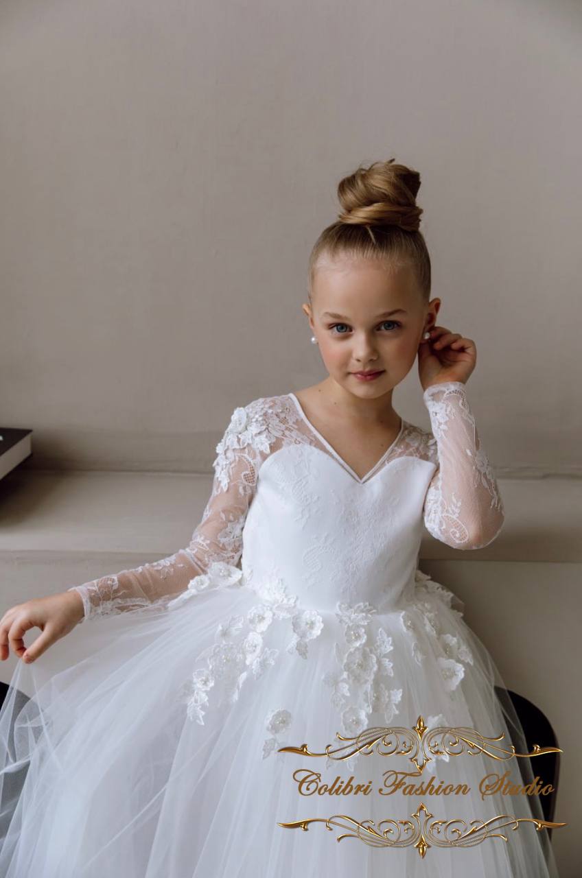 Flower girl dress ivory, Floor length puffy skirt girl dress, Tulle toddler girl dress, First communion dress, Baptism dress lace