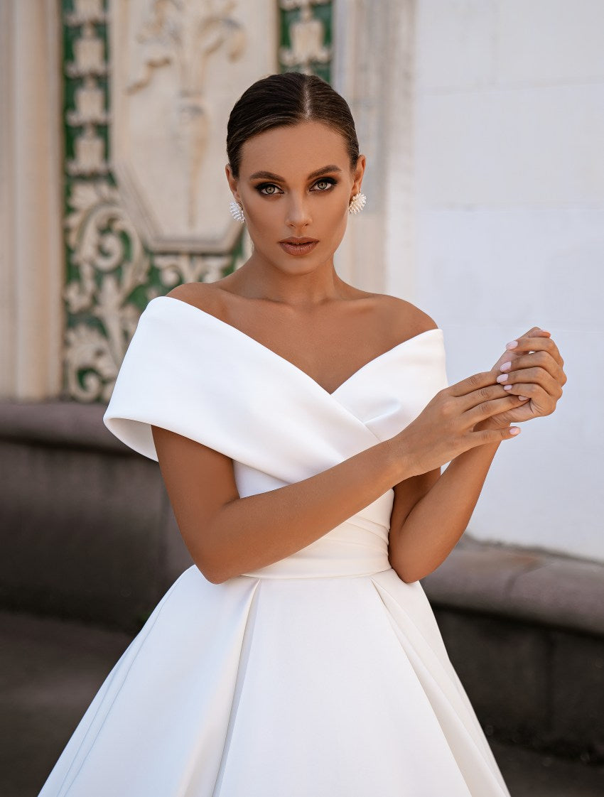 Ivory bridal gown, Satin wedding dress, Off the shoulder wedding dress, A line wedding dress classic