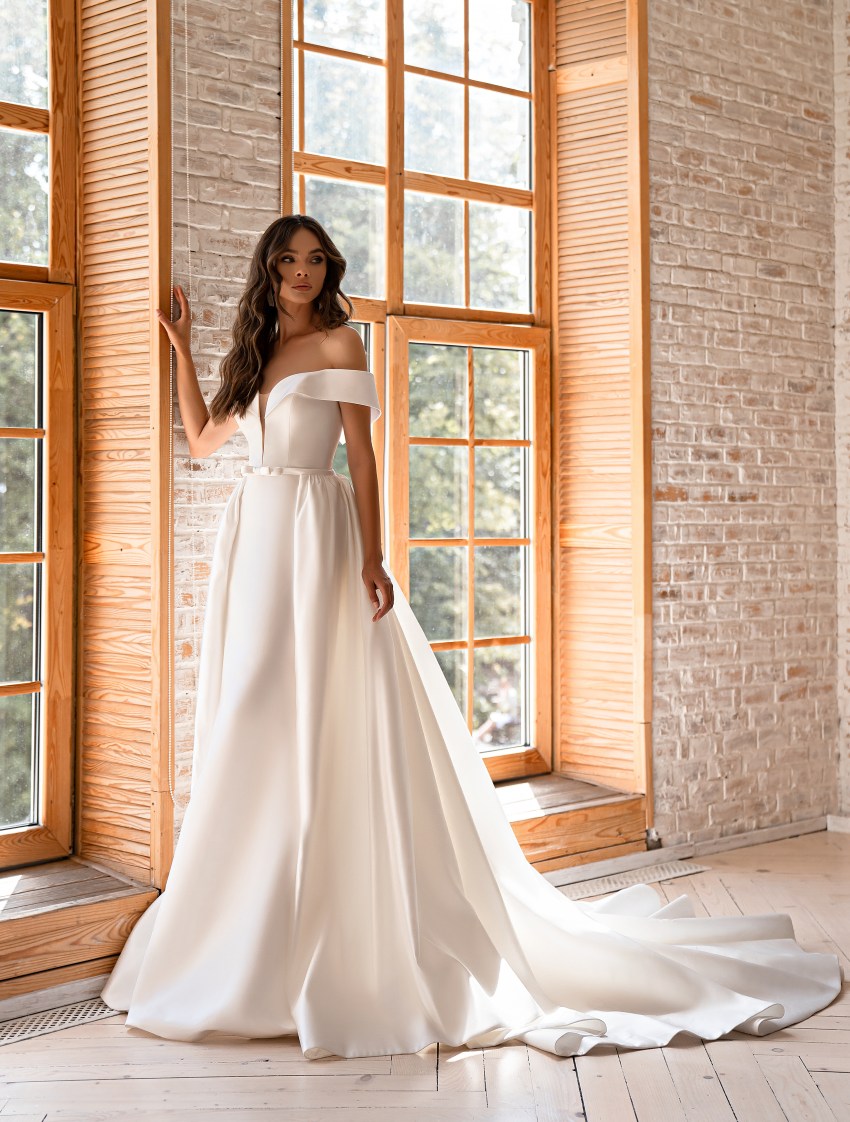 Satin wedding dress ivory, White wedding dress off the shoulder, A-line wedding dress floor length, Ball gown dress