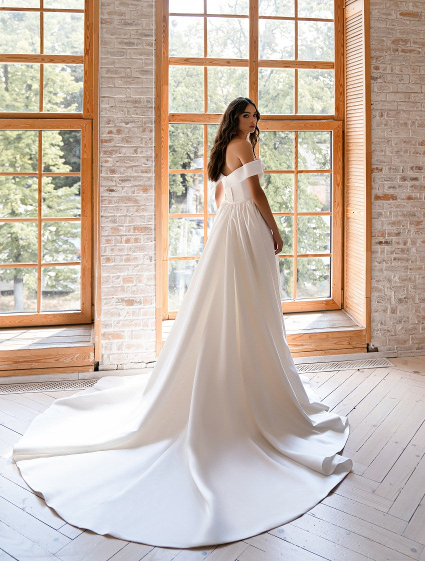 Satin wedding dress ivory, White wedding dress off the shoulder, A-line wedding dress floor length, Ball gown dress