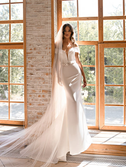 Satin wedding dress ivory, White wedding dress off the shoulder, A-line wedding dress floor length, Ball gown dress